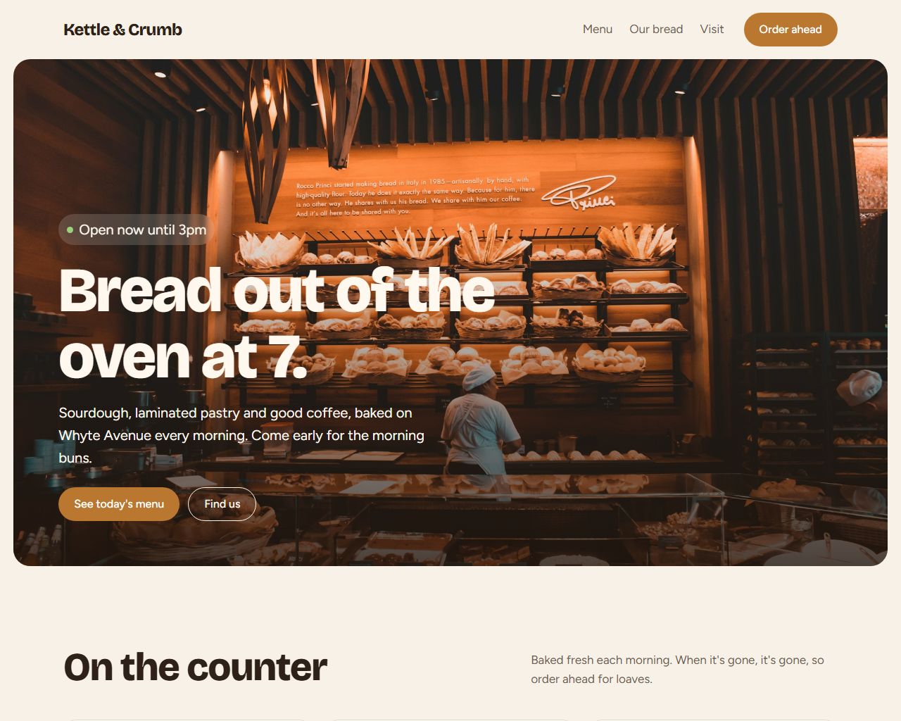 Screenshot of the café template: Kettle & Crumb homepage with a bakery photo and today's hours
